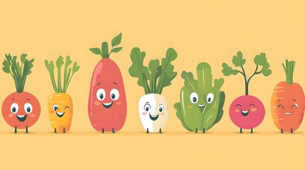 Row of Smiling Cartoon Vegetables with Legs