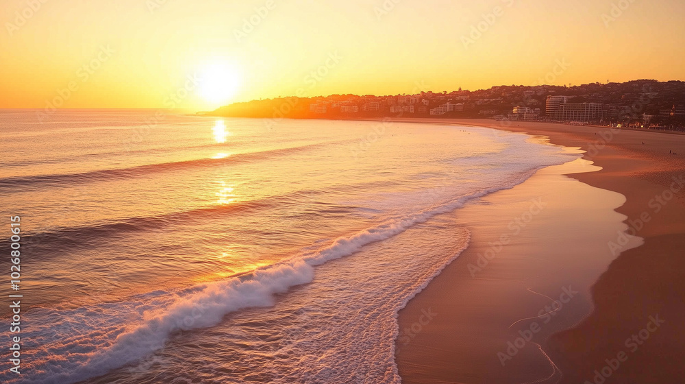 Canvas Prints Stunning sunrise over Bondi Beach, waves gently lapping the shore