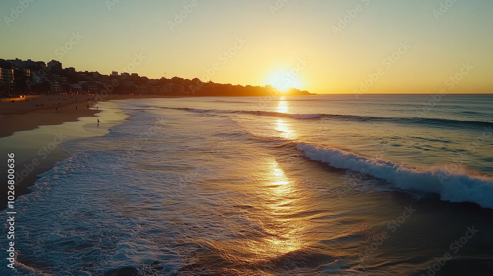 Wall mural Stunning sunrise over Bondi Beach, waves gently lapping the shore