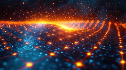Obraz premium A stunning visual of digital waves flowing with bright orange and blue sparks against a dark background, showcasing modern technology in an artistic representation.