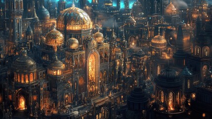 Obraz premium Luxurious cityscape with ornate domes and intricate buildings, adorned with shimmering diamonds and precious jewelry