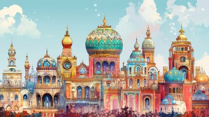 Obraz premium Luxurious cityscape with ornate domes and intricate buildings, adorned with shimmering diamonds and precious jewelry