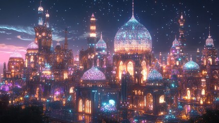 Fototapeta premium Ornate buildings and domes in a city covered with glittering diamonds and gemstones, glowing in a dazzling display of luxury