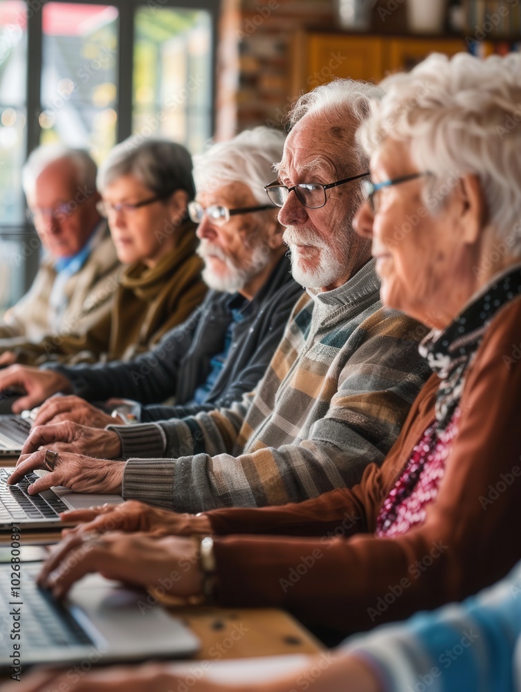 Poster a group of elderly individuals participates in a computer course, improving their digital skills usi