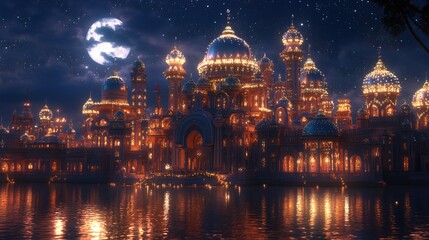 A dazzling city of ornate buildings and domes, adorned with glittering diamonds and jewelry, glowing under the moonlight