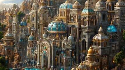 Fototapeta premium A dazzling cityscape adorned with glittering diamonds and jewelry, featuring ornate buildings and intricately detailed domes