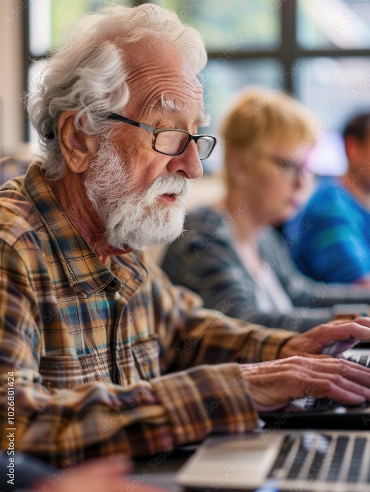 Fototapete A group of older adults is engaged in a computer course, focused on their laptops and enhancing their digital skills together. Generative AI