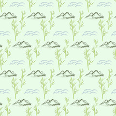 Green bamboo. Stylized mountains and waves. Eastern style. Botanical pattern. Seamless pattern. Vector illustration