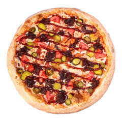 Spicy pizza with jalapeno peppers, tomatoes and pickles isolated on a white background. Top view