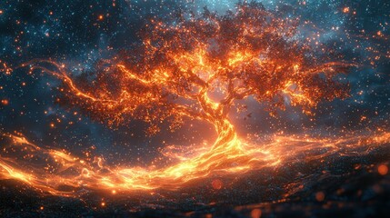 Fototapeta premium A mesmerizing artistic depiction of a glowing tree illuminated by flowing streams of light in a mystical space setting.