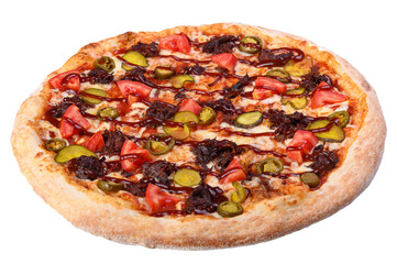 Spicy pizza with jalapeno peppers, tomatoes and pickles isolated on a white background.