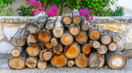 Stack of Firewood Logs Against a Stone Wall