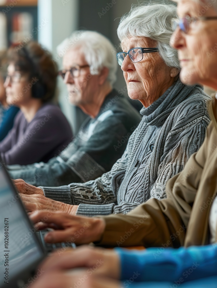 Aufkleber A diverse group of elderly individuals focuses on computer lessons, improving their technology skills during a community course. Generative AI
