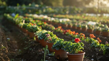 Fototapeta premium Pots of flowers standing at a vegetable plantation