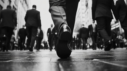 Black and white photo close-up of the feet of a man in a suit walking down the street