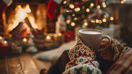 
A woman relaxes by the crackling fire, savoring her hot drink, as the winter night Winter,  Christmas holidays concept 