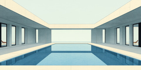 Fototapeta premium Minimalist architecture featuring a pool and patio with views of the ocean.