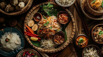 A top-down view of a traditional Thai meal featuring Som Tum and various side dishes