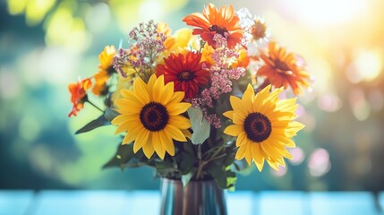 A vibrant bouquet of fresh, newly-arrived flowers, including sunflowers and dahlias, arranged beautifully in a stylish vase. The flowers burst with color, bringing life and energy to the scene. 