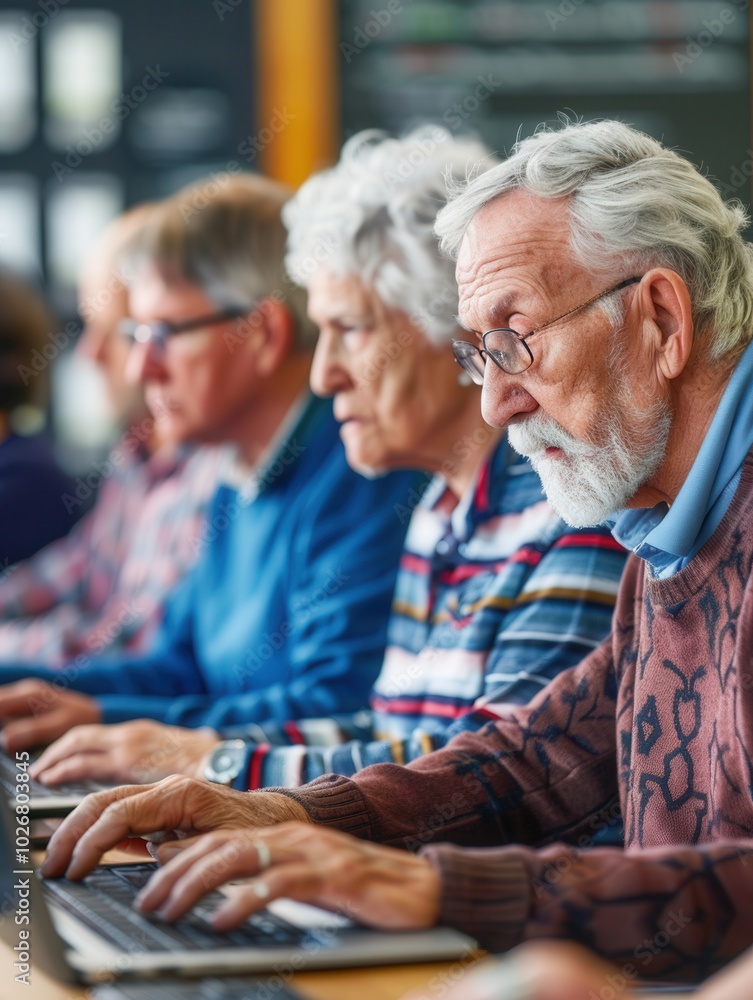 Poster a group of elderly individuals participate in computer courses, focused on using laptops and improvi