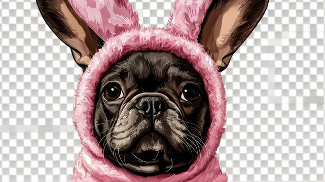 A cute French bulldog wearing pink bunny ears looks directly at the camera