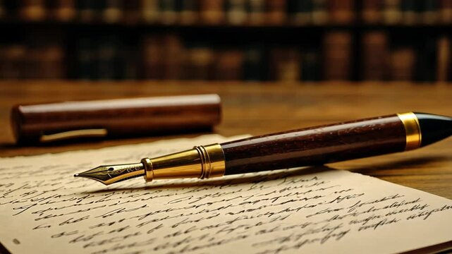A fountain pen rests on a handwritten letter on a wooden desk
