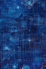 Futuristic blue digital interface with HUD elements and technical diagrams