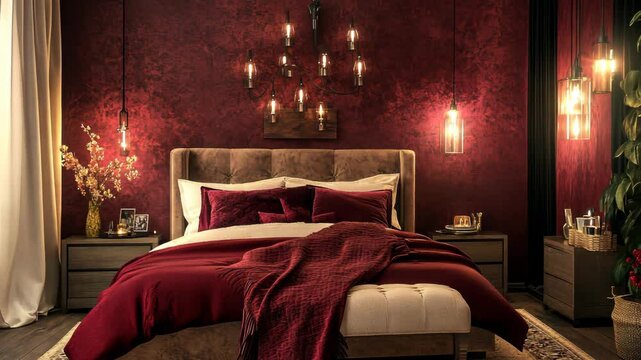 A cozy bedroom with a burgundy wall and a large bed with red bedding