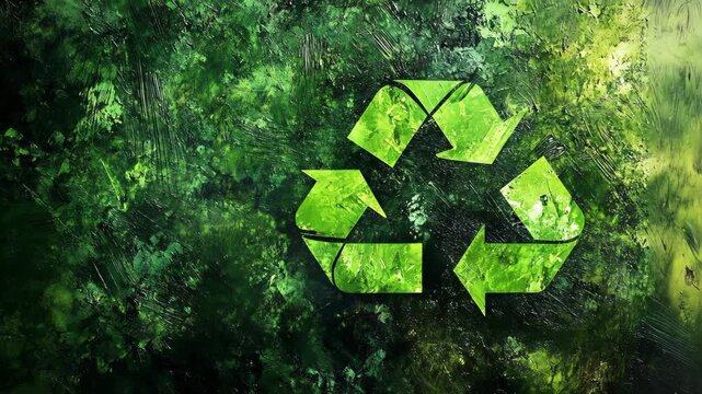 A green recycle symbol sits on a green textured background