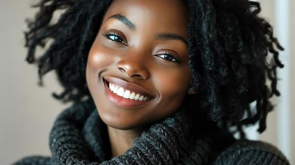 A woman with curly hair smiles brightly while wearing a grey sweater