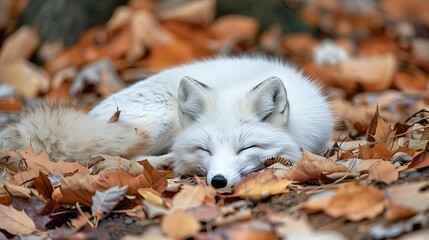 Fototapeta premium Relaxing happily in a bed of leaves are polar foxes