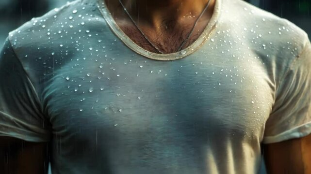 A man in a white t-shirt stands in the rain, droplets clinging to his skin and clothes