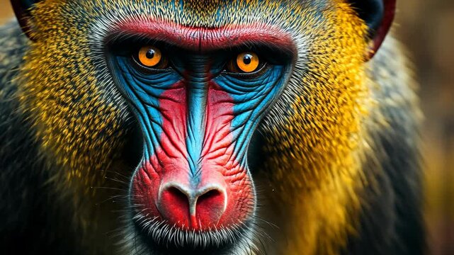A mandrill stares intensely with its vibrant yellow eyes