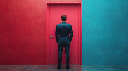 Obraz premium a determined businessman in a suit stands halted before a symbolic barrier representing obstacles such as sanctions economic challenges or a potential business deadlock