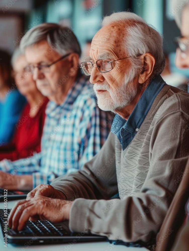Leinwandbilder A group of seniors is attentive and actively learning computer skills, utilizing laptops and desktops in a community classroom setting. Generative AI