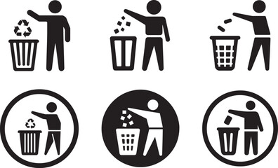 Simple icons, trash disposal symbols black and white graphics,