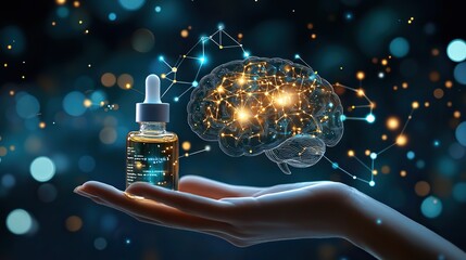 a hand holding a serum bottle with a brain illustration symbolizing the connection between mental health and skin care in psychodermatology