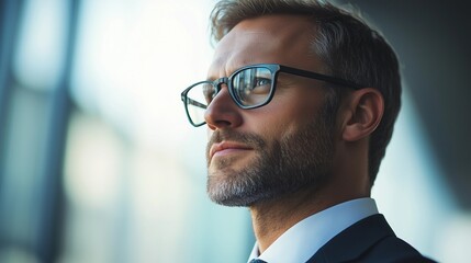 Fototapeta premium Side view of a professional businessman in a formal suit, captured in a modern corporate environment. High-resolution photo ideal for business themes, leadership, and professional presentation.