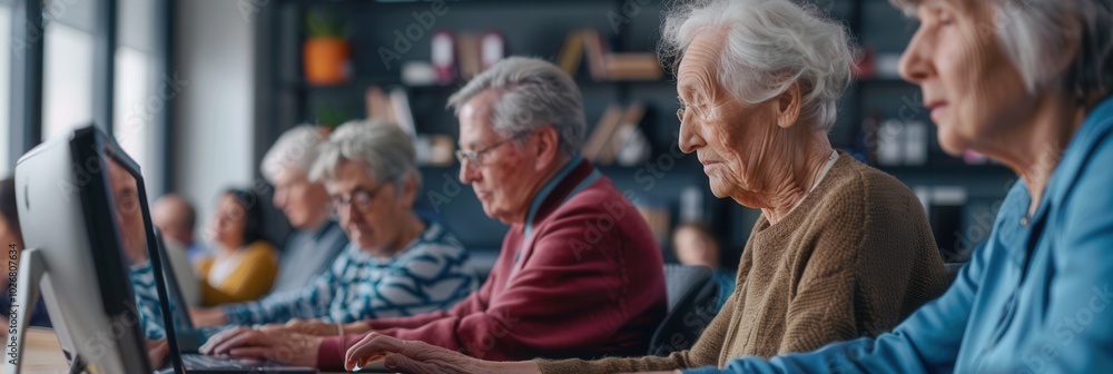 Aufkleber a diverse group of elderly learners engages in computer courses, enhancing their digital skills usin