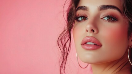 Naklejka premium Portrait of a Young Woman with Soft Pink Background