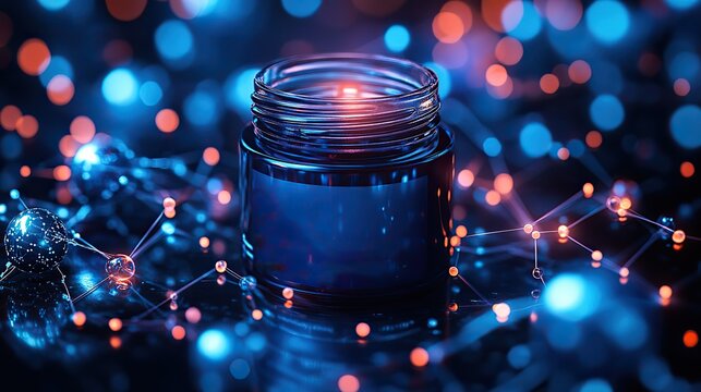 a jar of neurocosmetics surrounded by neural network imagery symbolizing advanced skincare technology