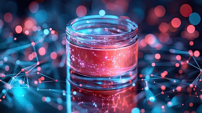 a jar of neurocosmetics surrounded by neural network imagery symbolizing advanced skincare technology