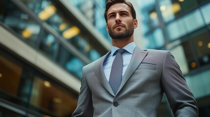 Fototapeta premium Side view of a professional businessman in a formal suit, captured in a modern corporate environment. High-resolution photo ideal for business themes, leadership, and professional presentation.