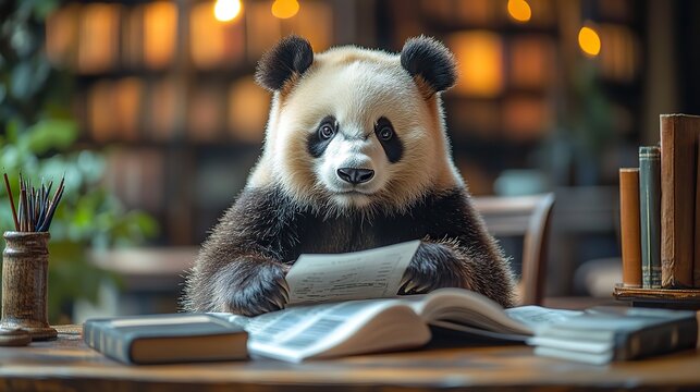 a panda analyzing data sheets symbolizing the pandas python package for data manipulation and analysis