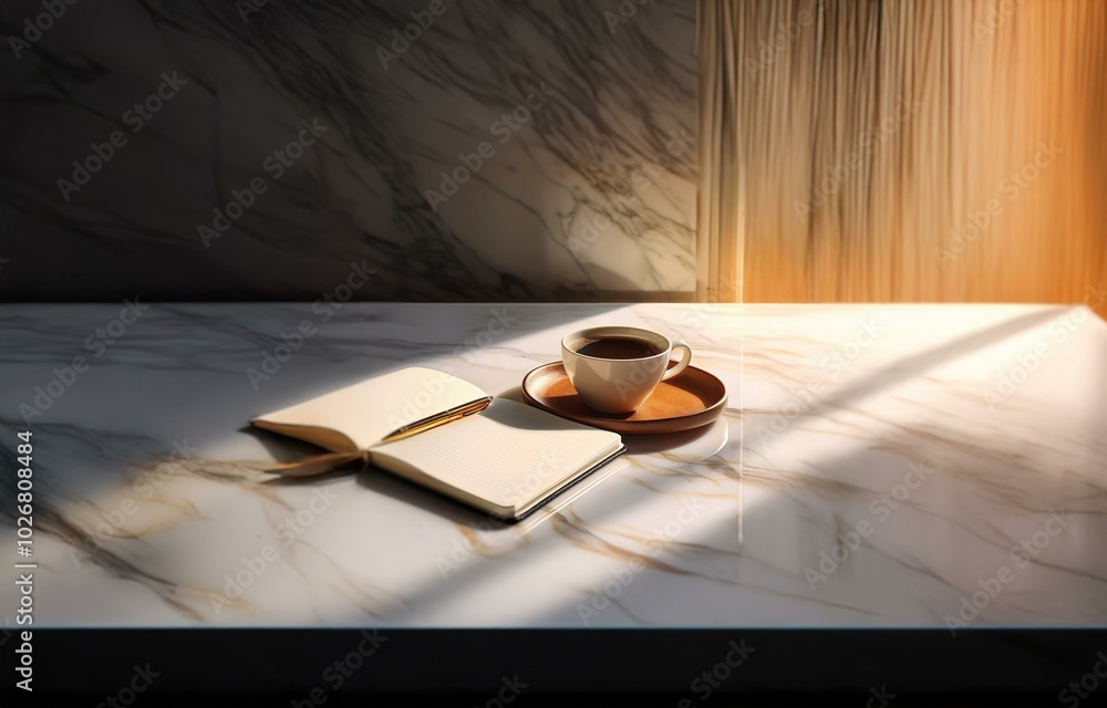 Poster a cup of coffee and an open notebook rest on a marble tabletop, sunlight casting shadows across the 