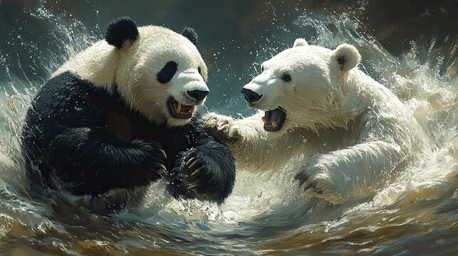a panda and a polar bear fighting in water symbolizing the comparison between pandas and polaris data analysis packages in python