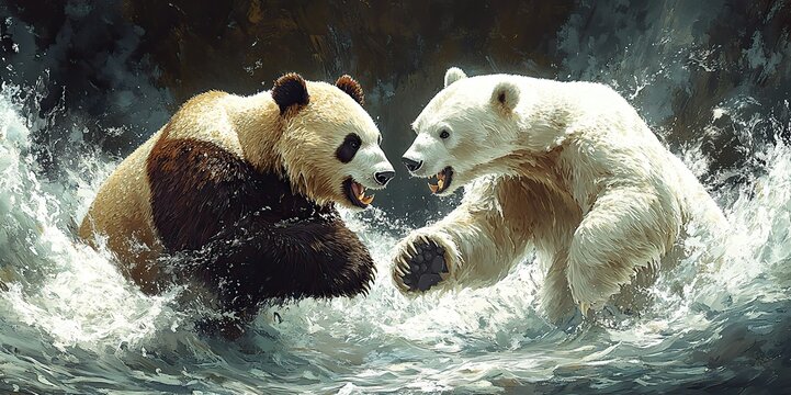 a panda and a polar bear fighting in water symbolizing the comparison between pandas and polaris data analysis packages in python