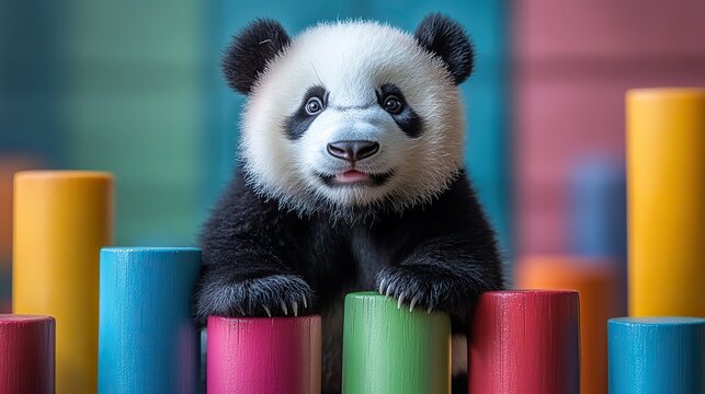 a panda figure standing on colorful bar graphs symbolizing data analysis and manipulation using the pandas library in python