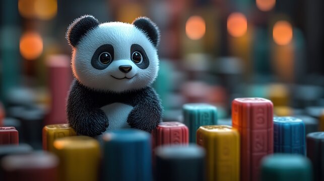 a panda figure standing on colorful bar graphs symbolizing data analysis and manipulation using the pandas library in python