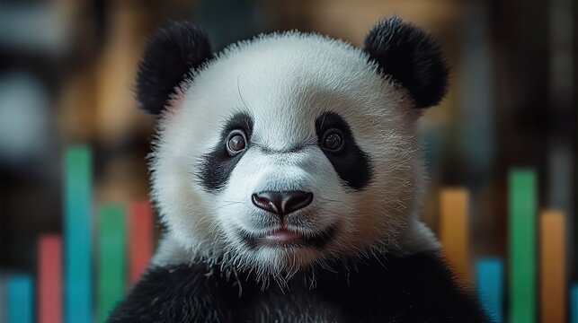 a panda bear with colorful bar charts symbolizing data analysis and manipulation using the pandas library in python